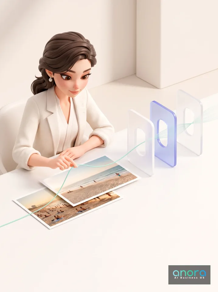 Illustration: Eine illustrierte Frau in weißer Kleidung sitzt am Tisch, hält ein grünes Kabel über Strandfotos und blickt auf transparente Platten mit ovalen Öffnungen.