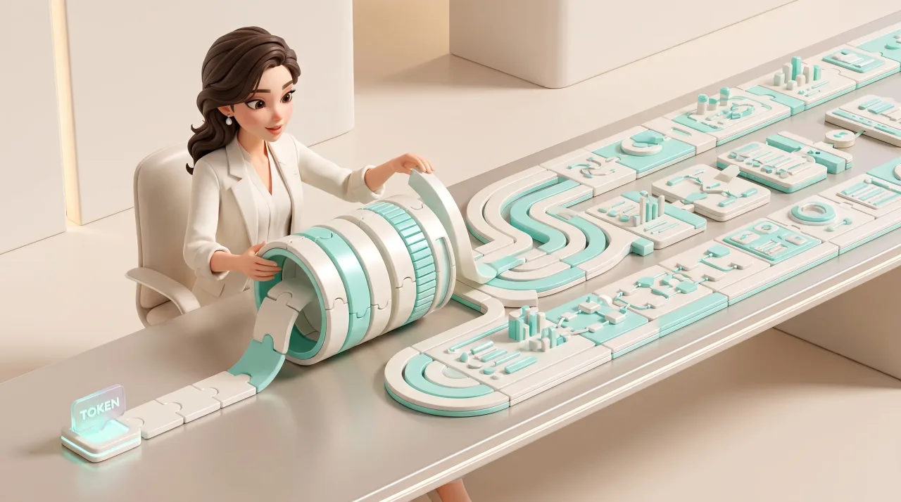 Illustration: Eine Frau im weißen Blazer sitzt an einem Tisch, hält ein großes türkis-weißes Ringmodul und arbeitet an einer modularen Landschaft aus Platten, Kurven und Diagrammformen.