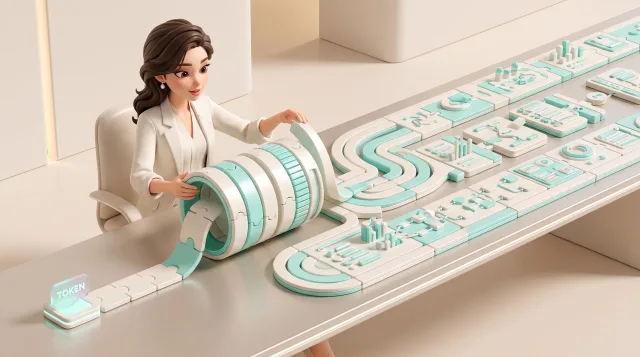 Illustration: Eine Frau im weißen Blazer sitzt an einem Tisch, hält ein großes türkis-weißes Ringmodul und arbeitet an einer modularen Landschaft aus Platten, Kurven und Diagrammformen.