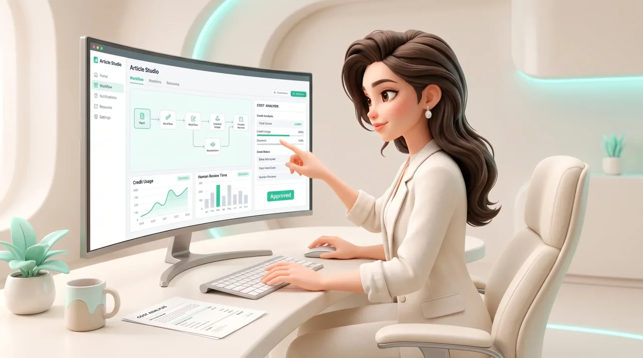 Illustration: Eine illustrierte Frau im weißen Blazer sitzt am Schreibtisch und zeigt auf einen großen Monitor mit Workflow, Diagrammen und Analysefeldern; Tastatur, Maus, Tasse und Pflanze liegen daneben.