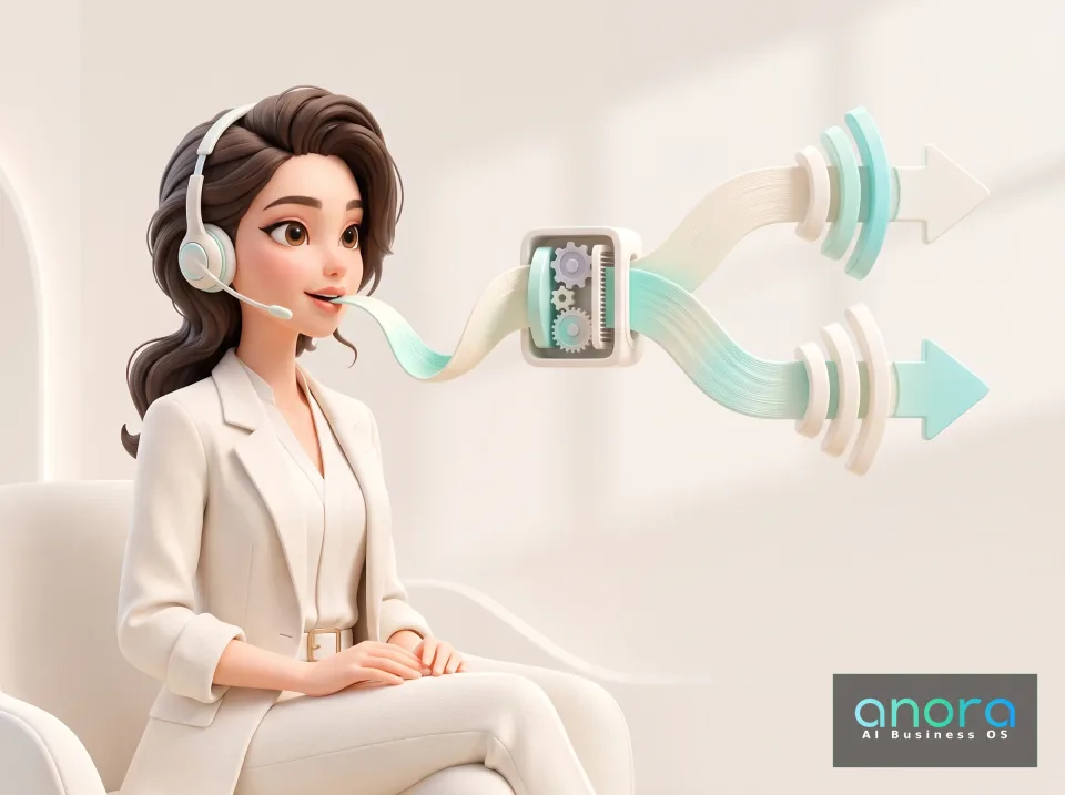 Illustration: Eine illustrierte Frau im weißen Anzug sitzt mit Headset, während ein bandartiger Strom aus ihrem Mund zu einem kleinen Zahnradkasten und zwei Pfeilen nach rechts führt.
