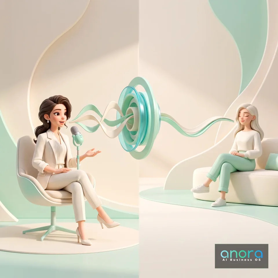 Illustration: Eine stilisierte Illustration zeigt zwei sitzende Frauen in hellem Studio; links spricht eine Frau am Mikrofon, zwischen ihnen schweben türkisfarbene Ringe und Wellen.