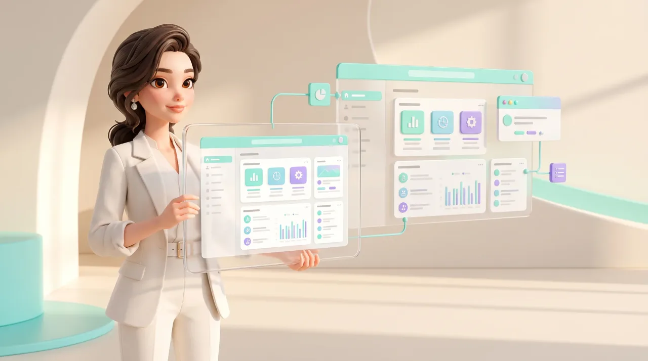 Illustration: Eine stilisierte Frau im weißen Anzug hält eine transparente Tafel mit Dashboard-Grafiken; daneben schweben weitere Fenster mit Symbolen, Listen und Balkendiagrammen.