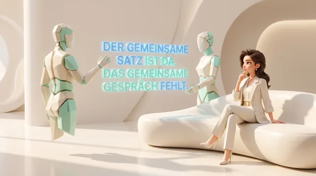 Illustration: Zwei humanoide Roboter gestikulieren vor einem leuchtenden deutschen Schriftzug, rechts sitzt eine Frau in weißem Anzug auf einem Sofa in einem hellen futuristischen Raum.