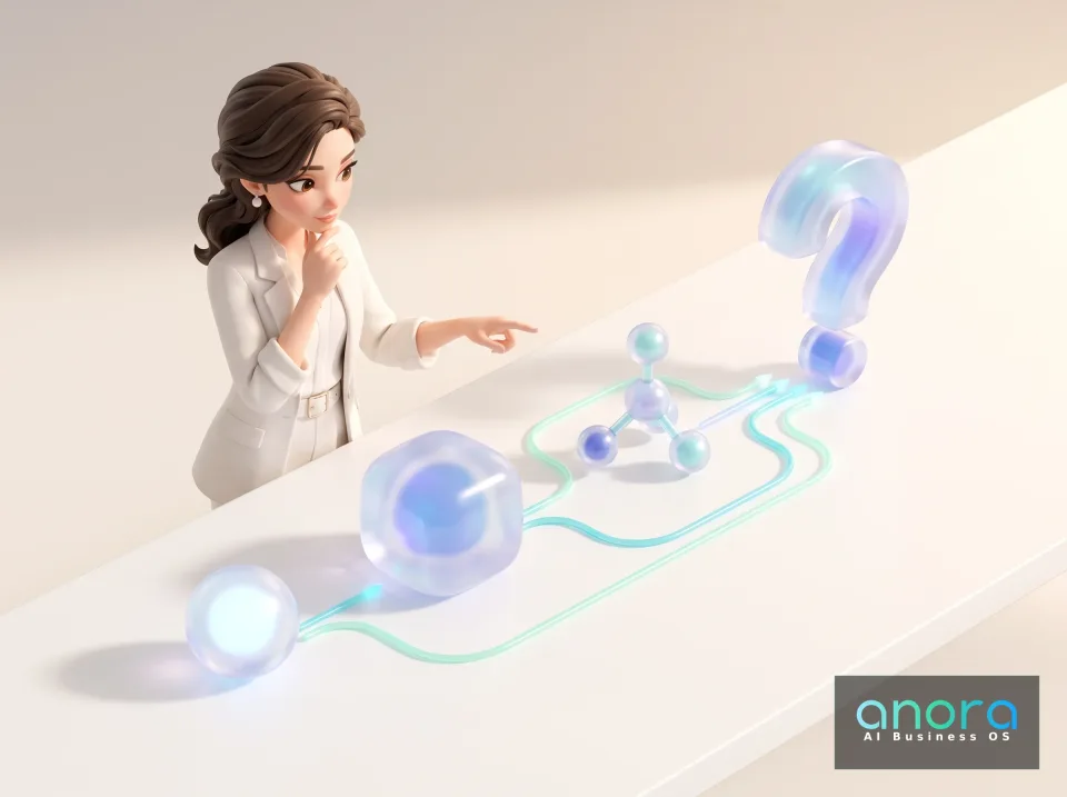 Illustration: Eine 3D-Illustration zeigt eine Frau im weißen Anzug, die an einem Tisch auf leuchtende Kugeln, Linien, ein Molekülmodell und ein großes Fragezeichen deutet.