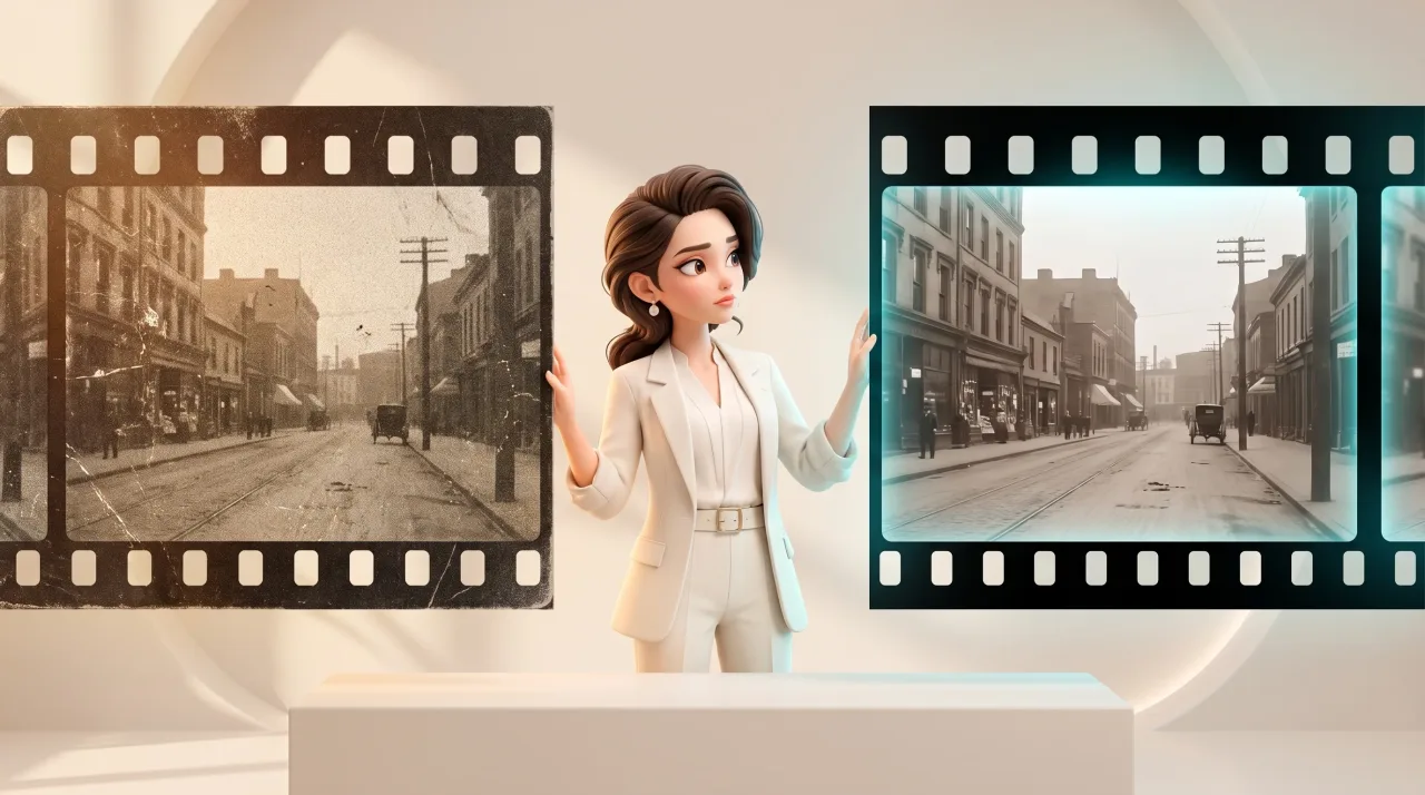 Illustration: Eine illustrierte Frau im weißen Anzug steht zwischen zwei Filmstreifen mit historischen Straßenszenen, links sepia und zerkratzt, rechts klarer gerahmt.