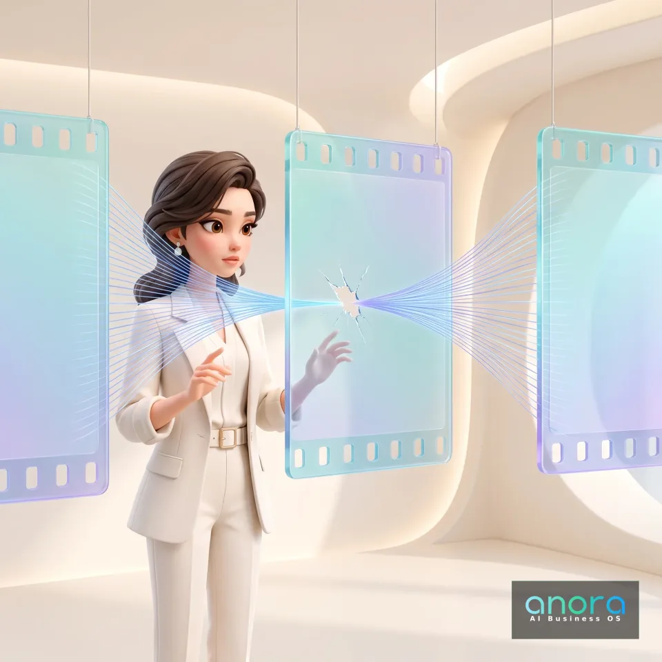 Illustration: Eine illustrierte Frau im weißen Anzug steht zwischen hängenden transparenten Filmstreifen, durch die blaue Lichtlinien zu einem Riss in einer Scheibe verlaufen.