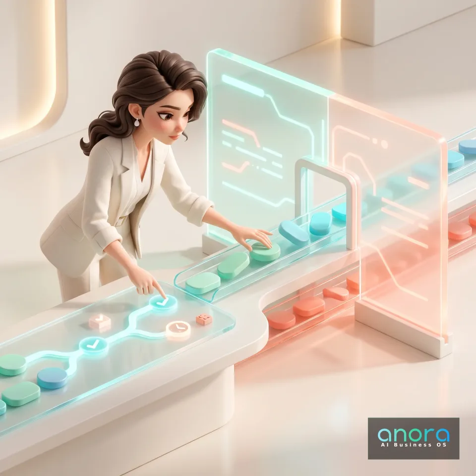 Illustration: Eine illustrierte Frau im weißen Anzug berührt leuchtende Bedienfelder neben Förderbändern mit pastellfarbenen Tabletten und transparenten Displays.