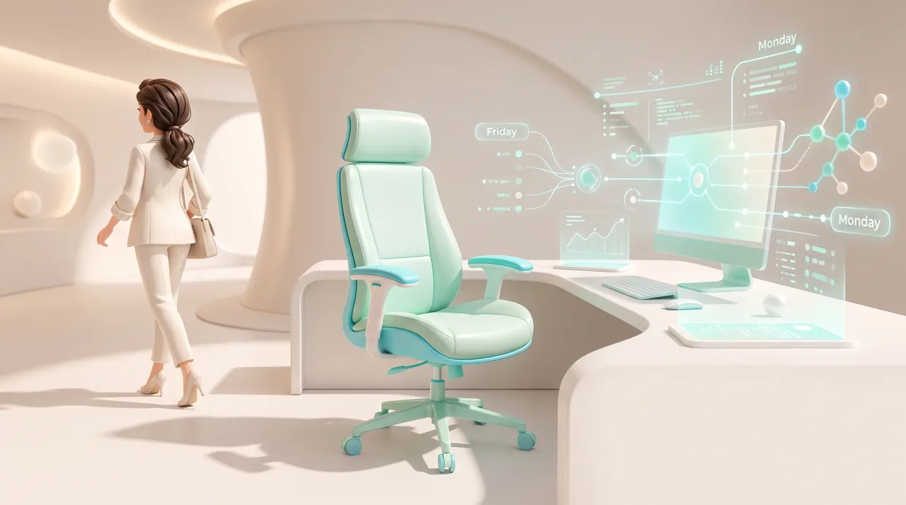 Illustration: Eine Frau in weißem Anzug geht von einem futuristischen Schreibtisch mit türkisfarbenem Stuhl, Monitor und schwebenden digitalen Anzeigen weg.