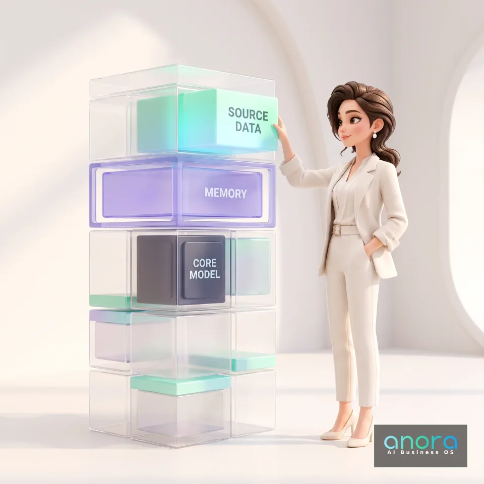 Illustration: Eine illustrierte Frau in weißem Anzug berührt einen Stapel transparenter Würfel mit den Beschriftungen „SOURCE DATA“, „MEMORY“ und „CORE MODEL“.