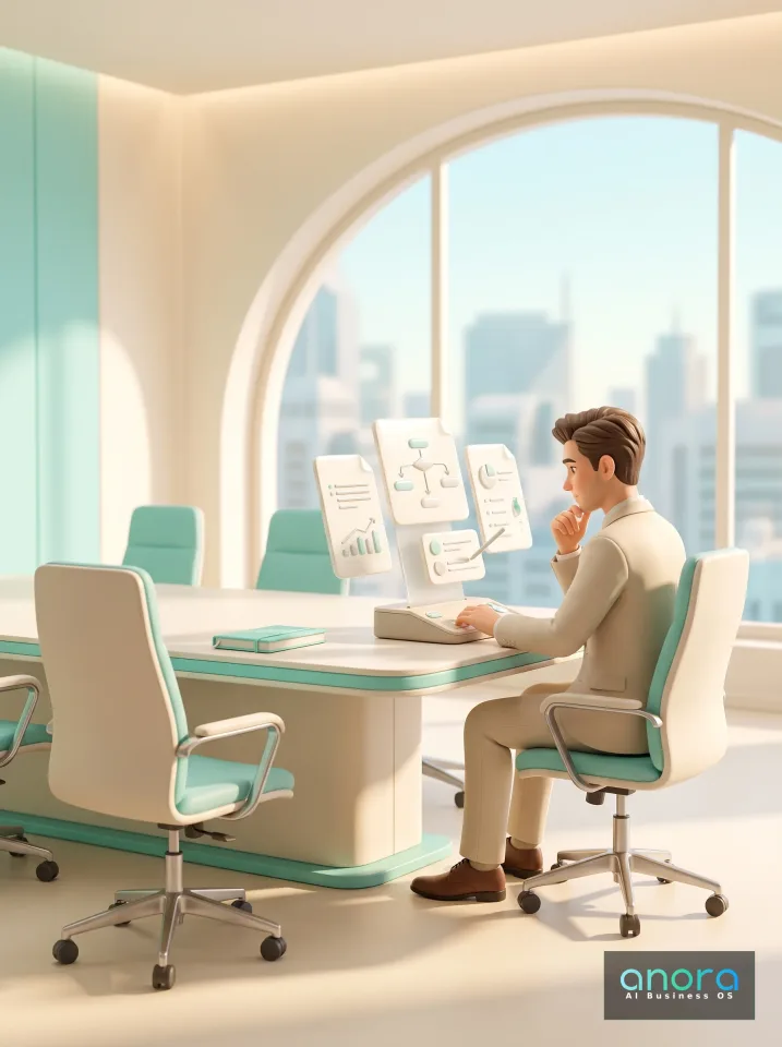 Illustration: Ein Mann im hellen Anzug sitzt in einem modernen Konferenzraum am Tisch und betrachtet ein Display mit Diagrammen vor großen Fenstern mit Stadtblick.