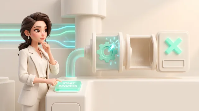 Illustration: Eine illustrierte Frau im weißen Anzug berührt einen leuchtenden Knopf mit der Aufschrift „START PROCESS“ neben einer Maschine mit Rohren, Zahnrad-Symbol, Funken und X-Zeichen.