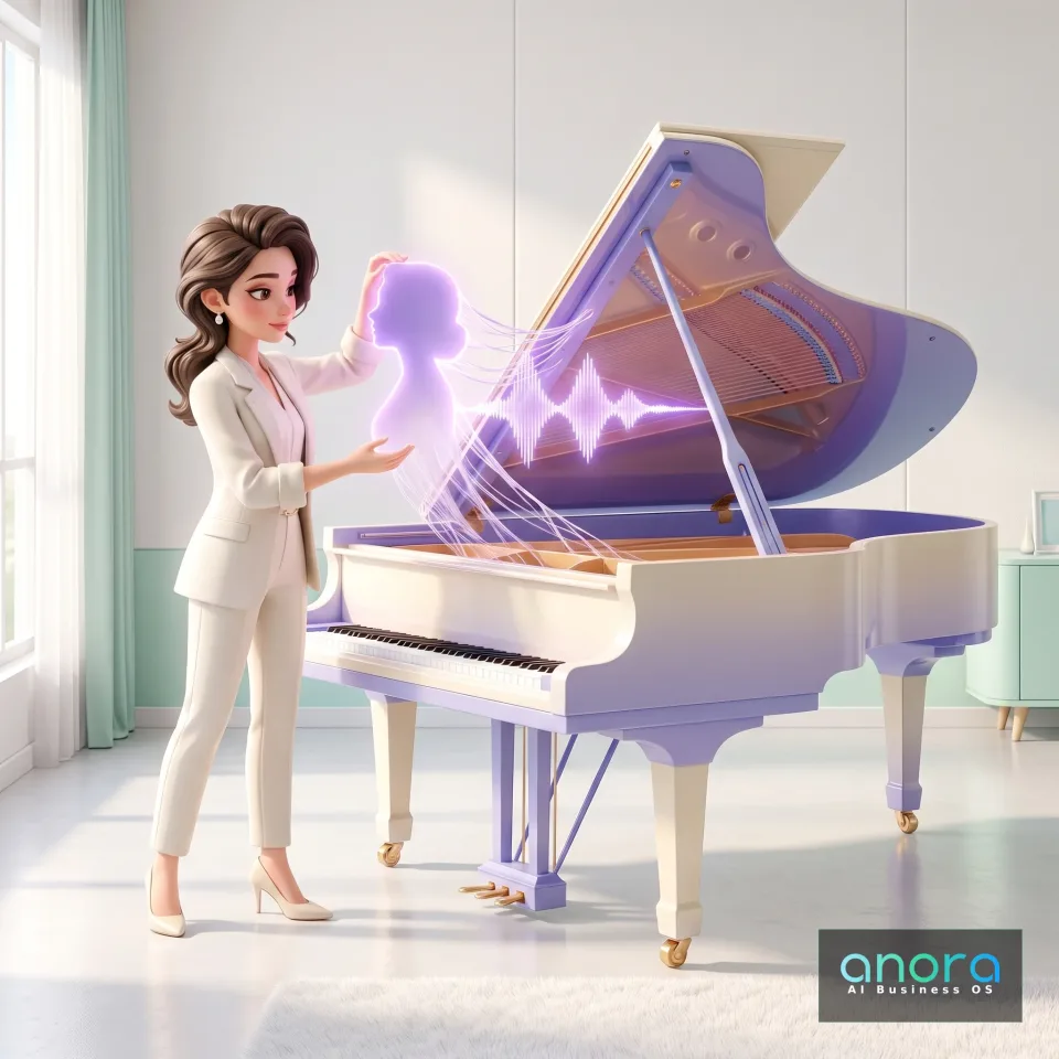 Illustration: Eine Frau im weißen Anzug steht neben einem geöffneten Flügel und hält eine leuchtende violette Silhouette, aus der Linien und eine Wellenform zum Piano führen.