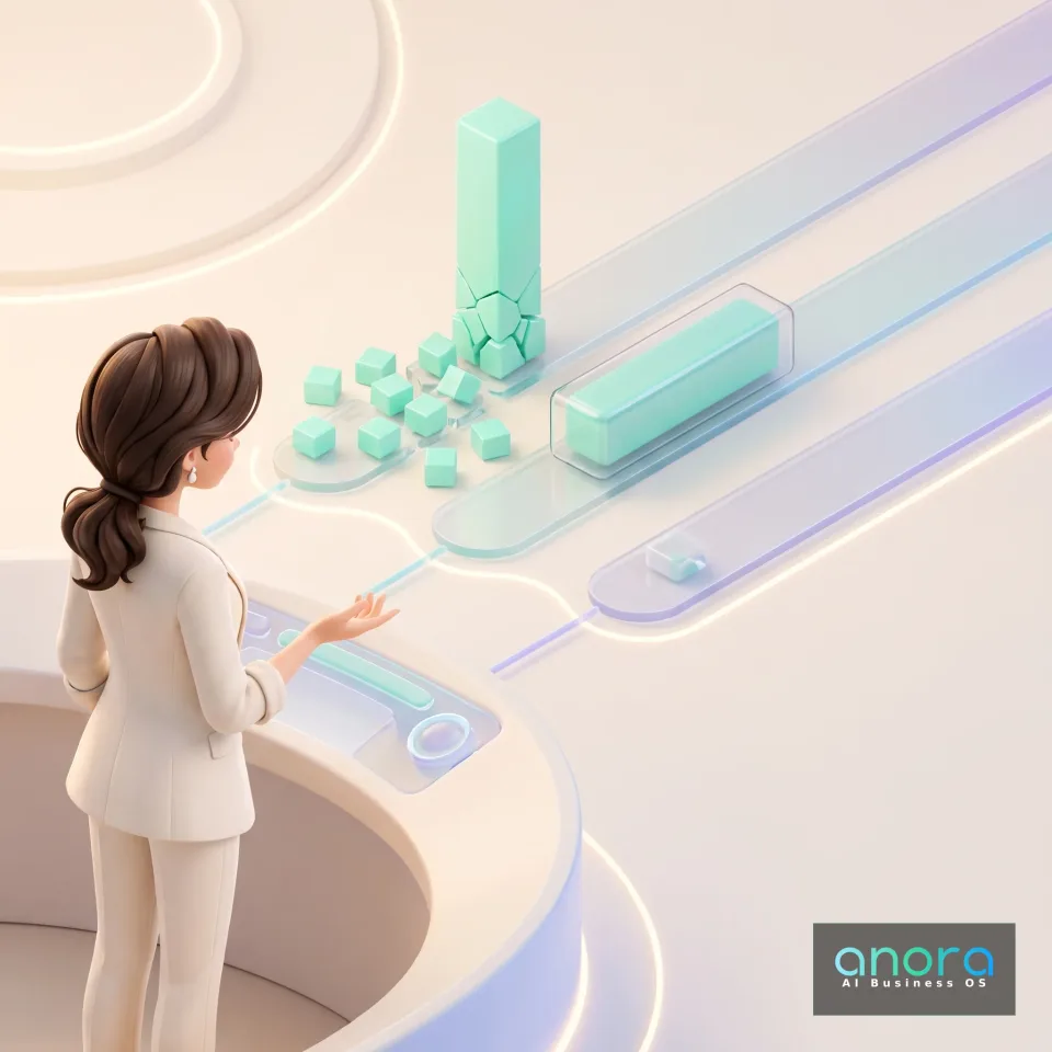 Illustration: Eine Frau im weißen Anzug steht an einem futuristischen Bedienpult und blickt auf türkisfarbene Würfel, Leuchtlinien und transparente Bahnen; unten rechts steht ein Logo.