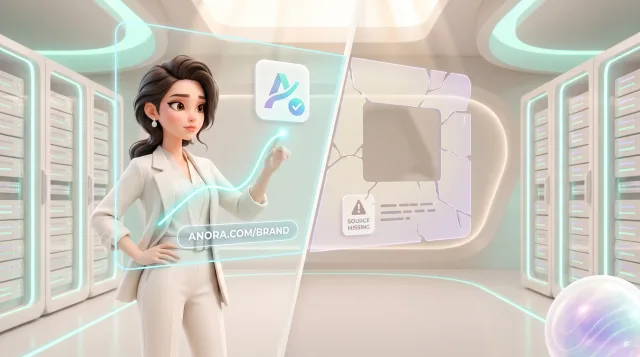 Illustration: Eine Frau im weißen Anzug berührt in einem futuristischen Serverraum ein Display mit „ANORA.COM/BRAND“; daneben zeigt ein rissiges Panel „SOURCE MISSING“.