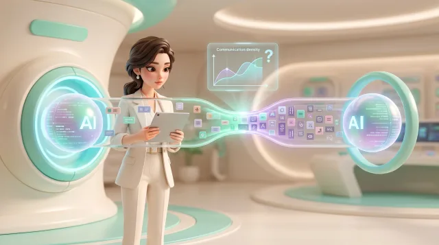 Illustration: Eine Frau im weißen Anzug hält ein Tablet in einem futuristischen Raum mit leuchtenden AI-Kugeln, schwebenden Symbolfeldern und einem Diagramm.