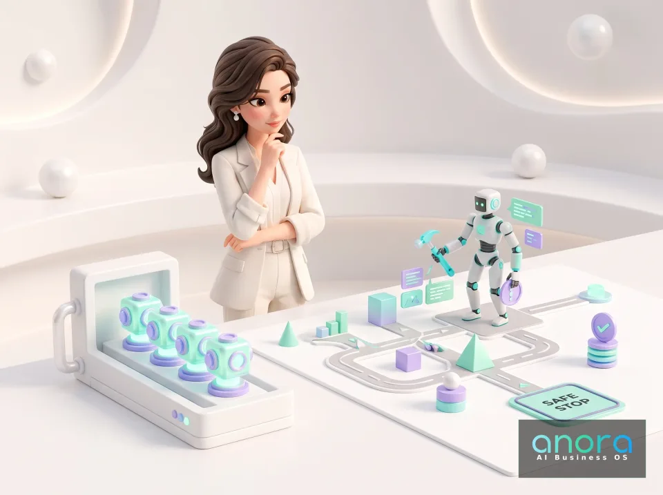 Illustration: Eine stilisierte Frau in weißem Anzug steht mit einer Hand am Kinn an einem hellen Tisch mit kleinem Roboter, schwebenden Displays, Modulen und Fahrbahn-Modell.