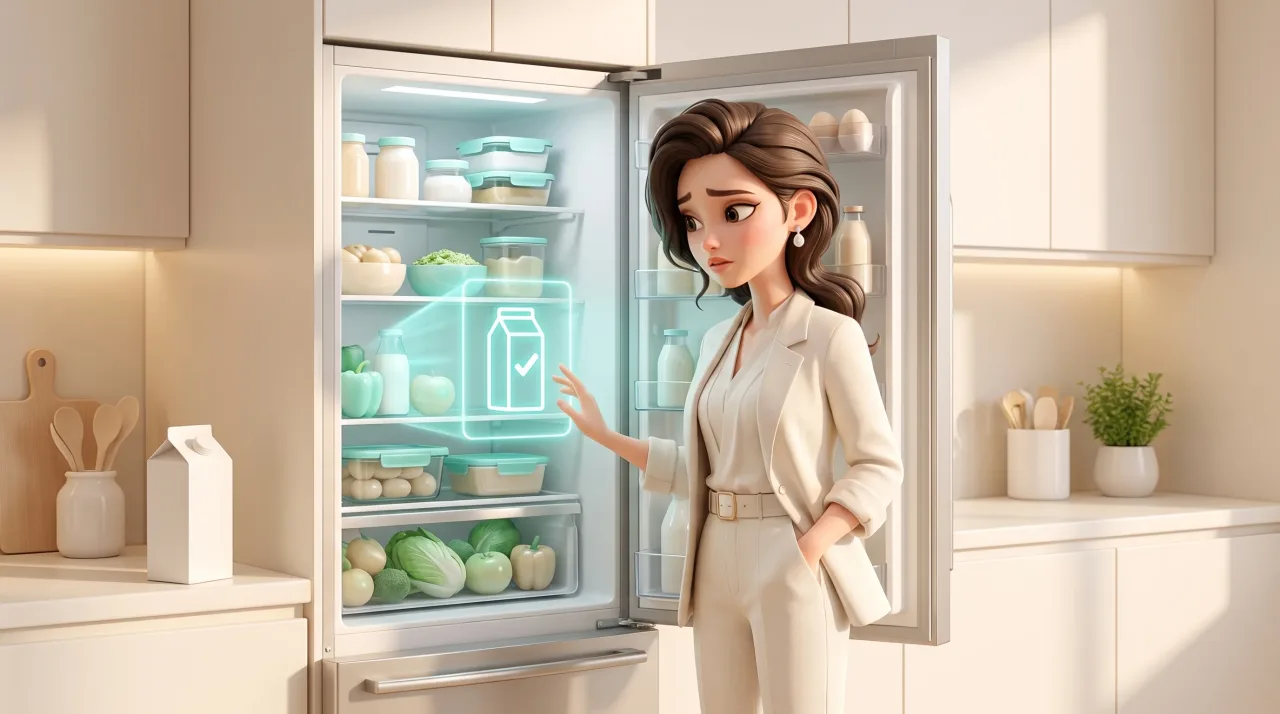 Illustration: Eine Frau steht in einer hellen Küche vor einem geöffneten Kühlschrank mit Lebensmitteln; davor leuchtet ein Symbol einer Milchpackung mit Häkchen.