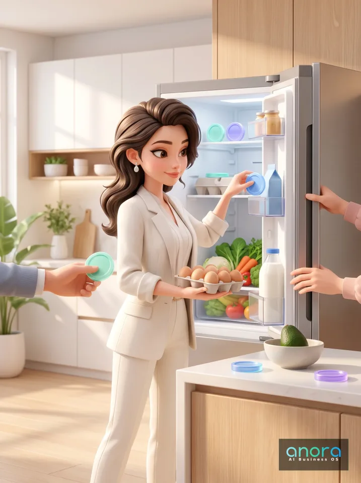 Illustration: Eine illustrierte Frau in hellem Anzug hält Eier und einen Deckel vor einem offenen Kühlschrank mit Gemüse, Milch und weiteren Händen in einer hellen Küche.