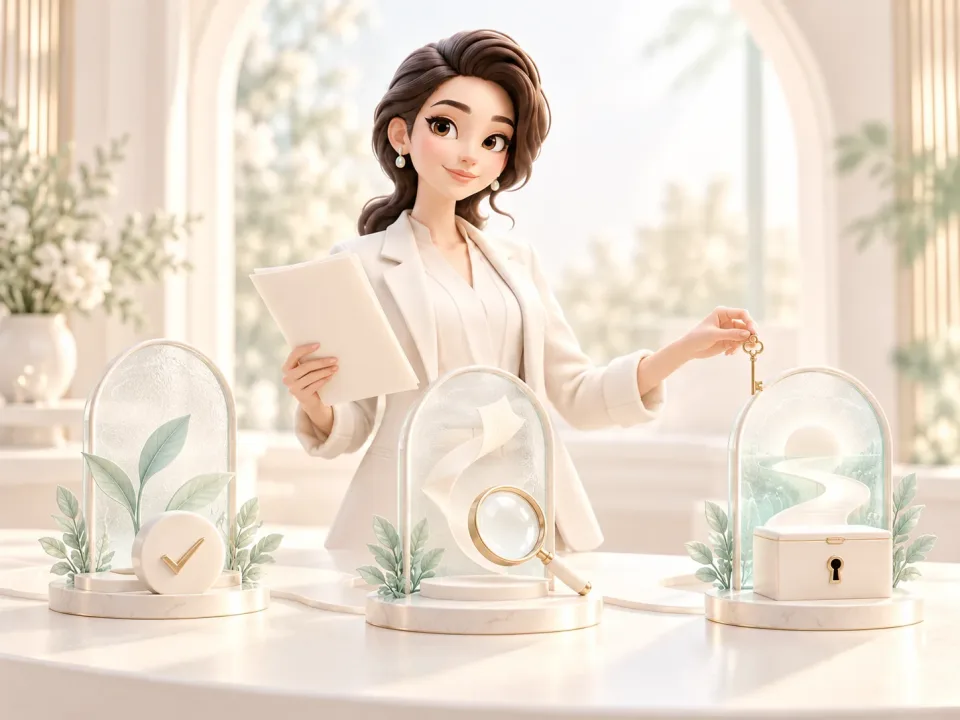 Illustration: Vor drei Glasbögen mit Häkchen, Lupe und Box hält eine Frau ein Manuskript und einen Schlüssel.