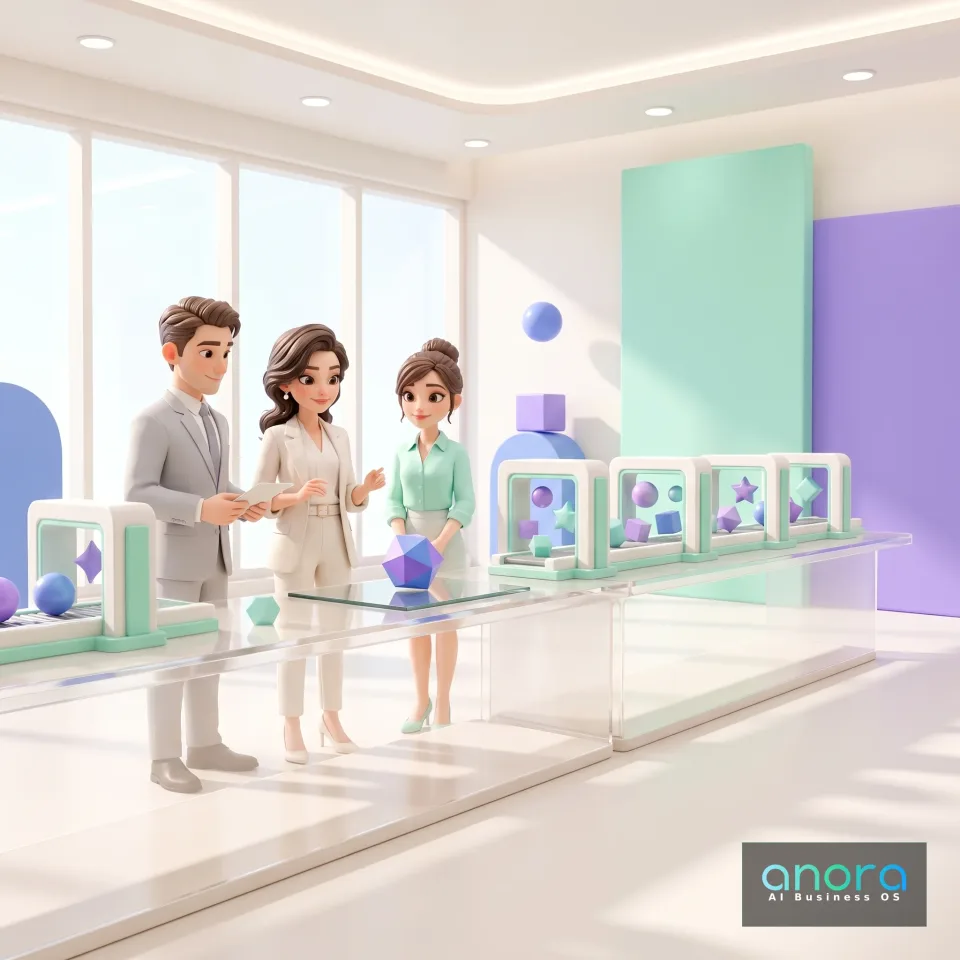 Illustration: Eine 3D-Illustration zeigt drei Personen in heller, futuristischer Umgebung neben Förderbändern mit bunten geometrischen Formen.