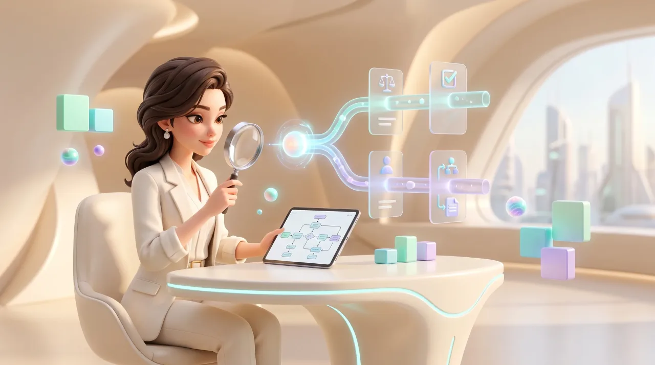 Illustration: Eine illustrierte Frau im weißen Anzug sitzt an einem futuristischen Tisch, hält eine Lupe neben einem Tablet und betrachtet schwebende, leuchtende Diagramm- und Symbolgrafiken.