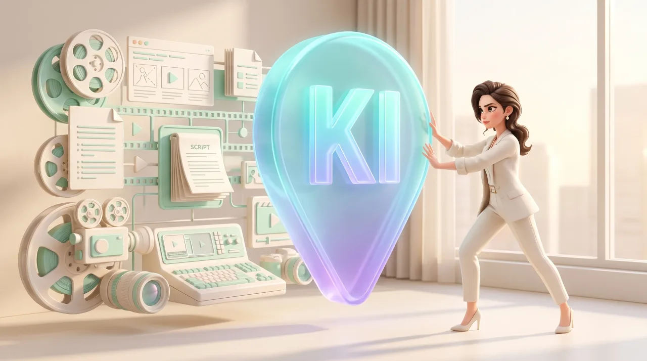 Illustration: Eine illustrierte Frau im weißen Anzug berührt einen großen leuchtenden Marker mit „KI“, neben Filmrollen, Kameras, Dokumenten und Videobearbeitungs-Elementen.