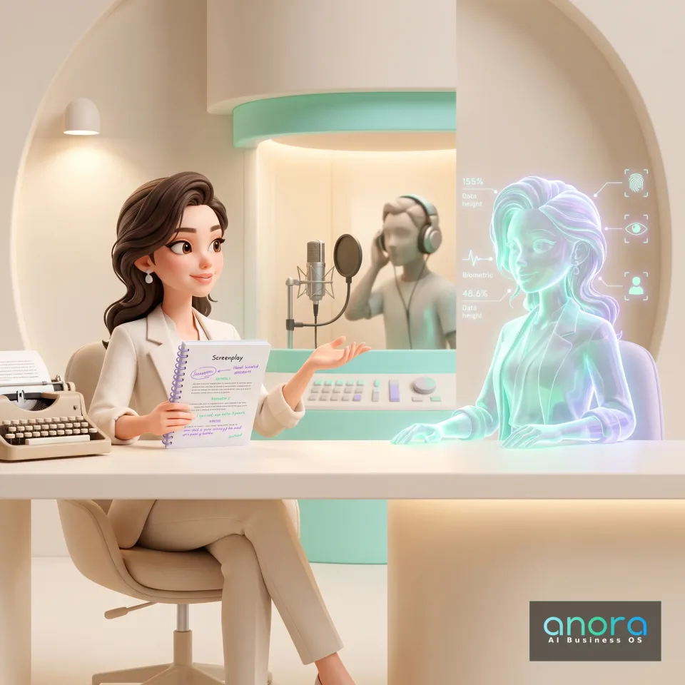 Illustration: Eine illustrierte Frau hält ein Drehbuch an einem Tisch mit Schreibmaschine, neben ihr sitzt eine leuchtende holografische Frauenfigur; im Hintergrund sind Mikrofon und Person mit Kopfhörern.