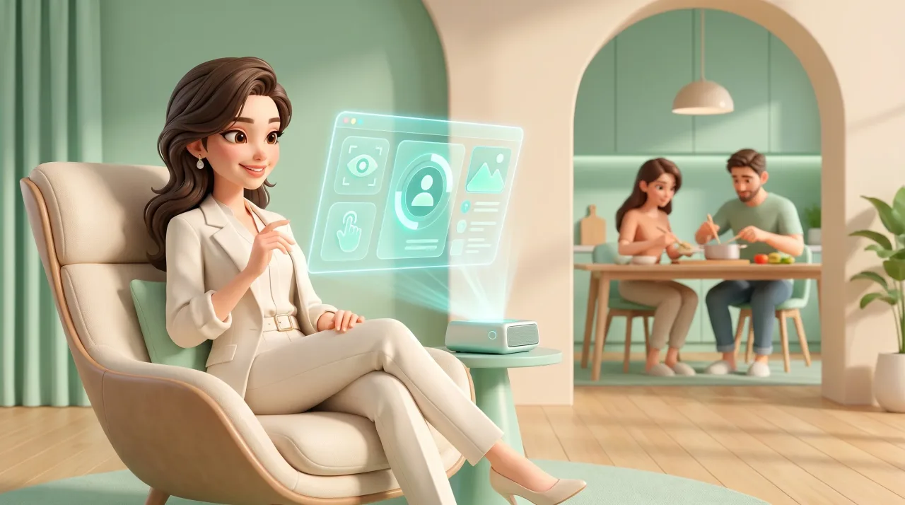 Illustration: Eine Frau im weißen Anzug sitzt im Sessel und zeigt auf eine leuchtende Projektion; daneben steht ein Gerät, während im Hintergrund zwei Personen in einer Küche kochen.