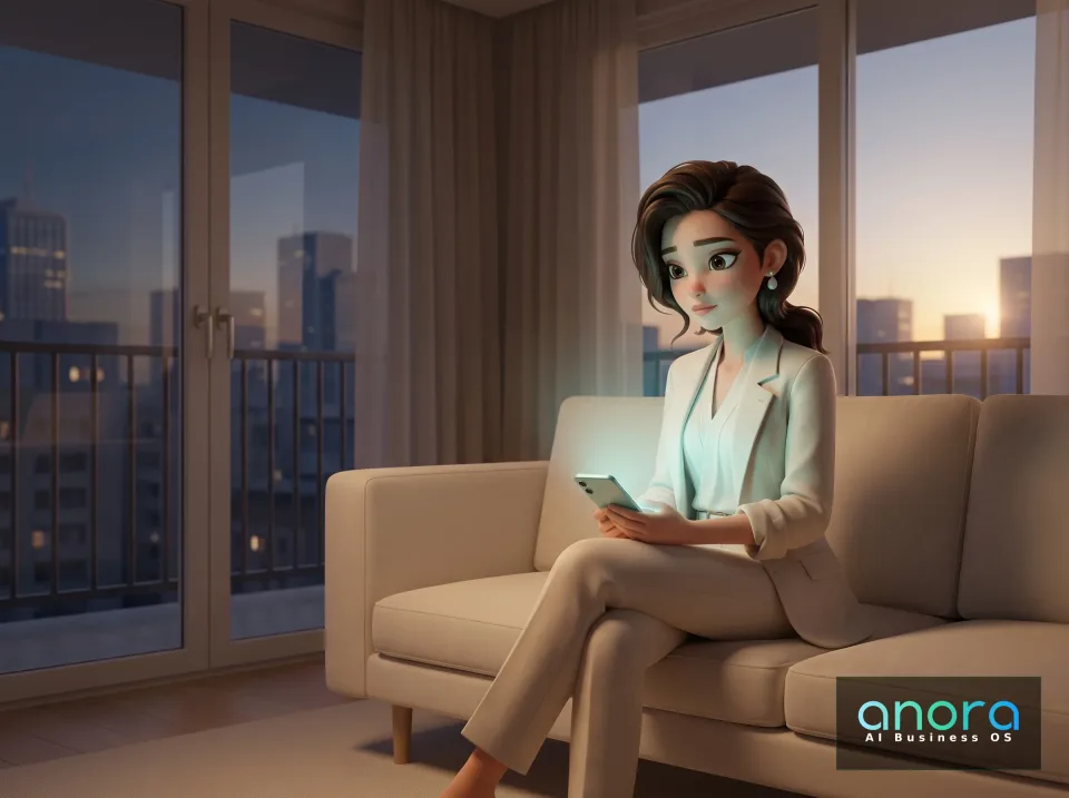 Illustration: Eine illustrierte Frau im weißen Anzug sitzt auf einem hellen Sofa, hält ein Smartphone und befindet sich vor großen Fenstern mit Stadtblick bei Sonnenuntergang.