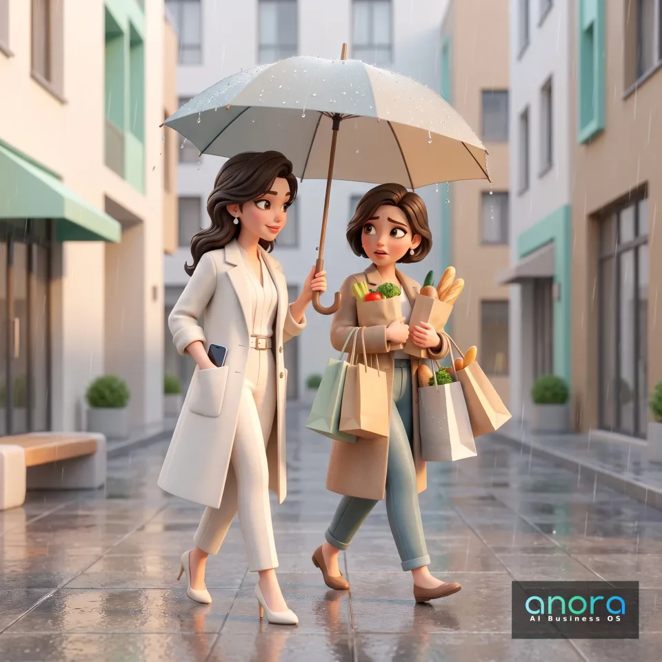 Illustration: Zwei Frauen gehen bei Regen durch eine Stadtstraße; eine hält einen hellen Regenschirm, die andere trägt mehrere Einkaufstaschen mit Brot und Gemüse.