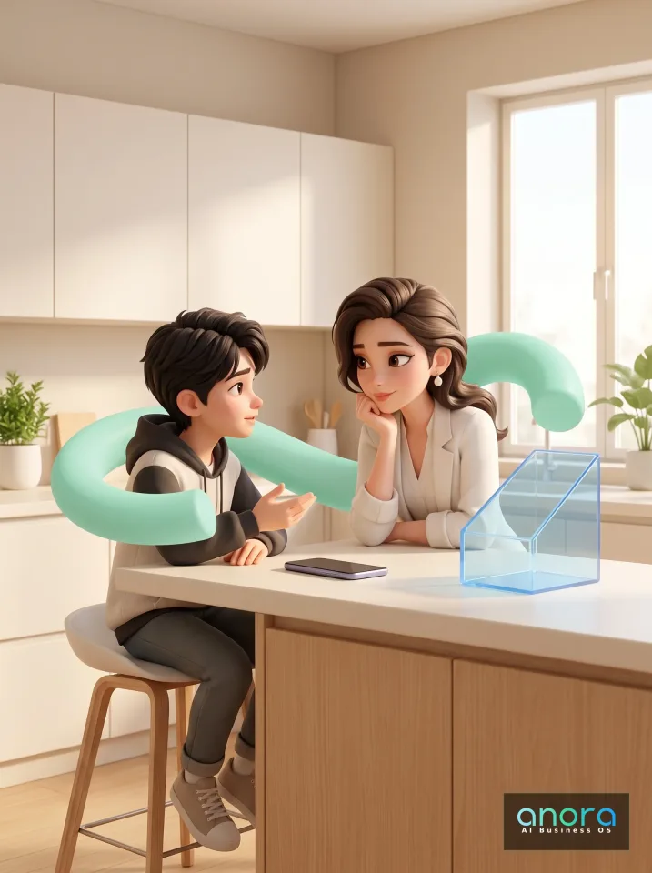 Illustration: Eine Frau und ein Junge sitzen an einer Küchentheke und sehen einander an; auf der Platte liegen ein Smartphone, ein blaues transparentes Hausmodell und eine mintgrüne Fragezeichenform.