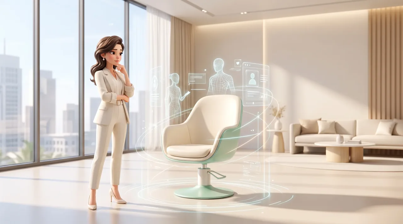 Illustration: Eine Frau im weißen Anzug steht in einem hellen Raum mit großen Fenstern neben einem drehbaren Stuhl, umgeben von leuchtenden holografischen Figuren und Bedienfeldern.