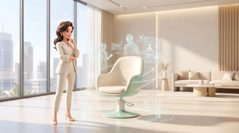 Illustration: Eine Frau im weißen Anzug steht in einem hellen Raum mit großen Fenstern neben einem drehbaren Stuhl, umgeben von leuchtenden holografischen Figuren und Bedienfeldern.