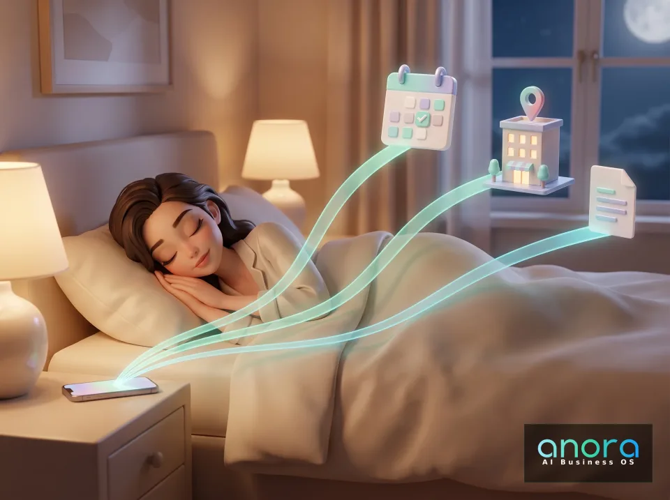 Illustration: Eine Frau schläft im Bett; vom Smartphone auf dem Nachttisch führen leuchtende Linien zu schwebenden Symbolen für Kalender, Haus und Dokument.