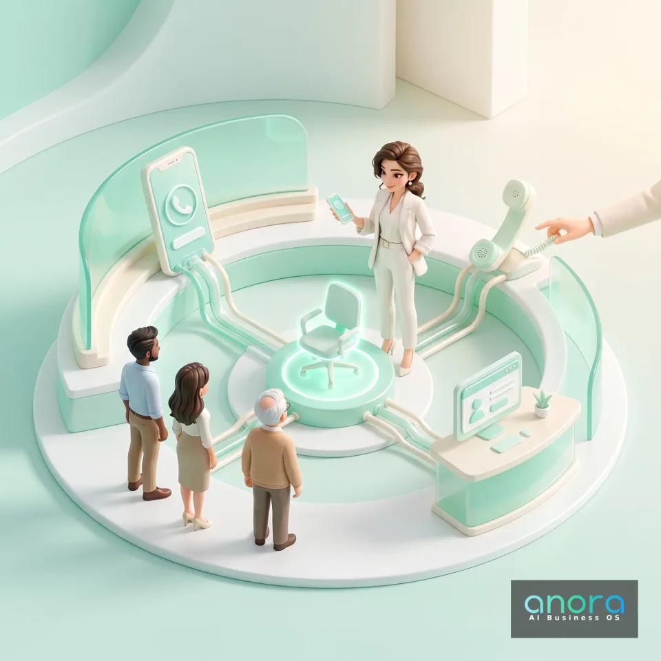 Illustration: Eine stilisierte Illustration zeigt eine Frau in Weiß mit Smartphone in einem runden Technikraum, vor drei Personen, mit großem Handy-Display, Telefonhörer, Monitor und leuchtendem Stuhl.