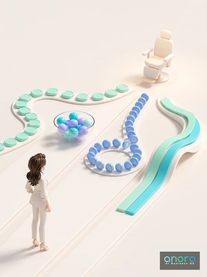 Illustration: Eine stilisierte Frau steht vor geschwungenen Bahnen mit mintgrünen Plättchen, blauen Symbolscheiben, einer Schale bunter Kugeln und einem weißen Behandlungsstuhl.
