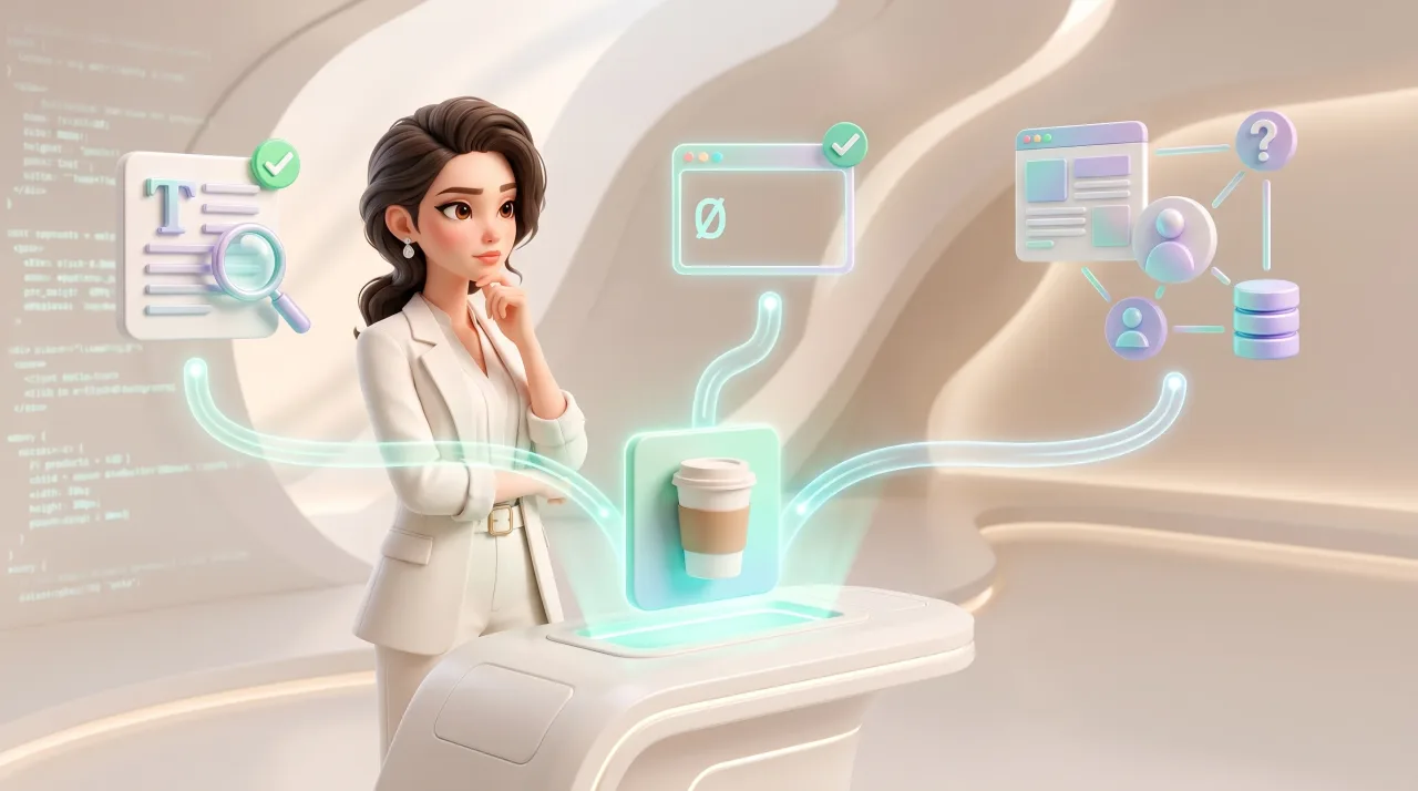 Illustration: Eine illustrierte Frau im weißen Anzug steht nachdenklich vor leuchtenden digitalen Symbolen, Dokumenten, Häkchen, Codezeilen und einem schwebenden Kaffeebecher.