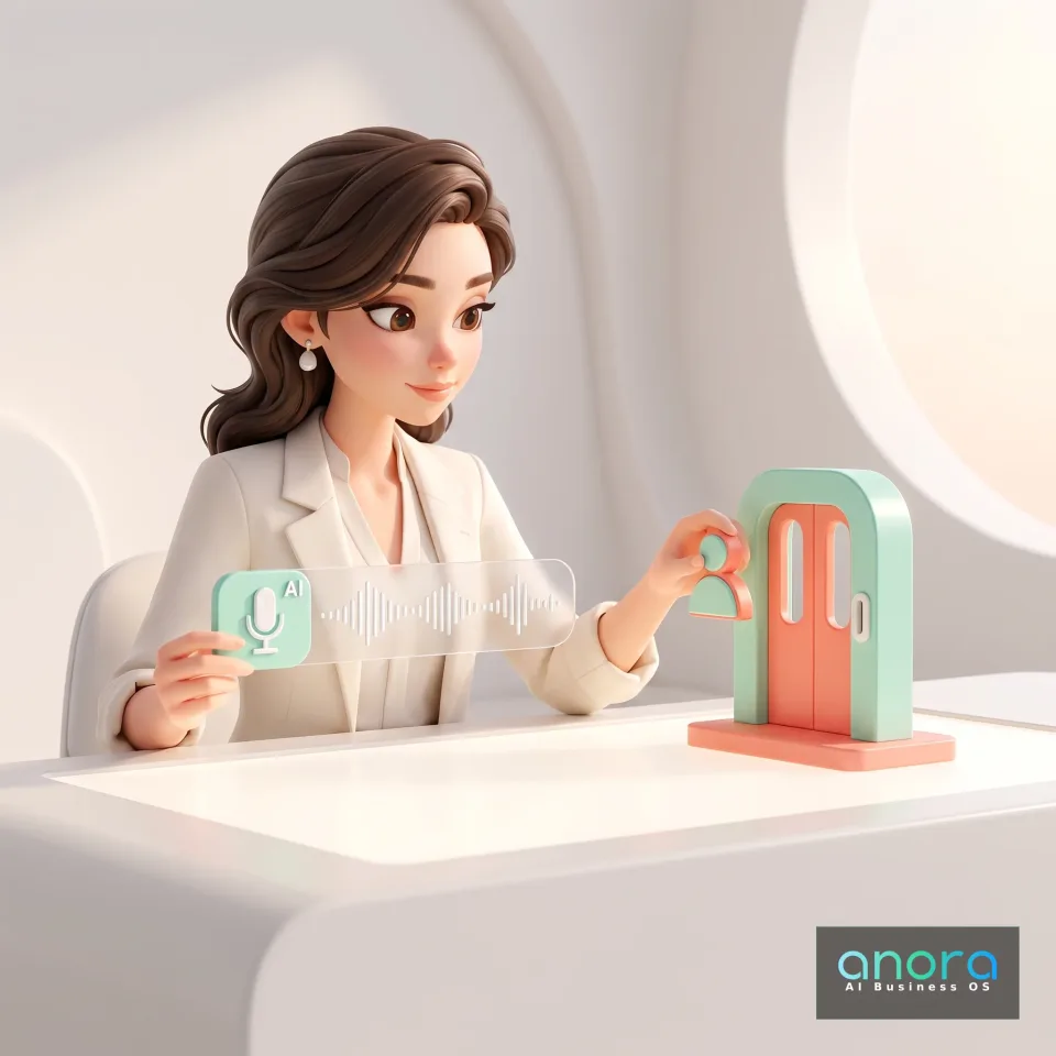 Illustration: Eine stilisierte Frau im weißen Blazer sitzt an einem Tisch, hält eine transparente Tafel mit Mikrofon- und Wellenform-Symbol und berührt ein pastellfarbenes Gerät.