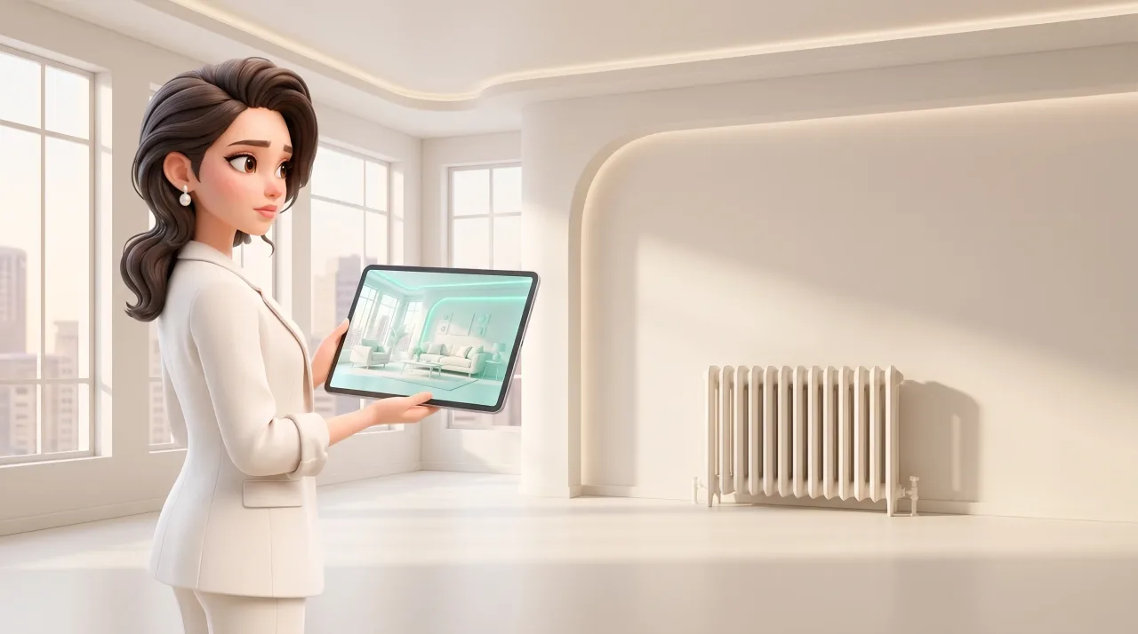 Illustration: Eine Frau in weißem Anzug hält in einem hellen Raum mit großen Fenstern ein Tablet mit Wohnzimmerszene; rechts steht ein Heizkörper an der Wand.