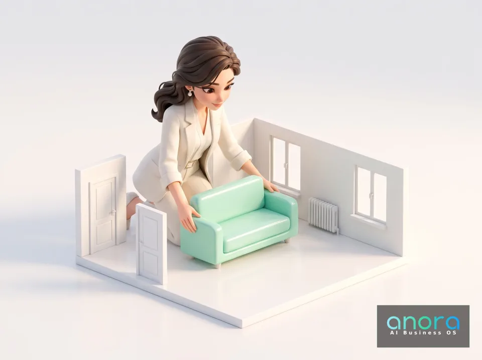 Illustration: Eine stilisierte Frau in hellem Anzug kniet in einem weißen Modellzimmer und schiebt ein mintgrünes Sofa; Wände, Türen, Fenster und Heizkörper sind sichtbar.