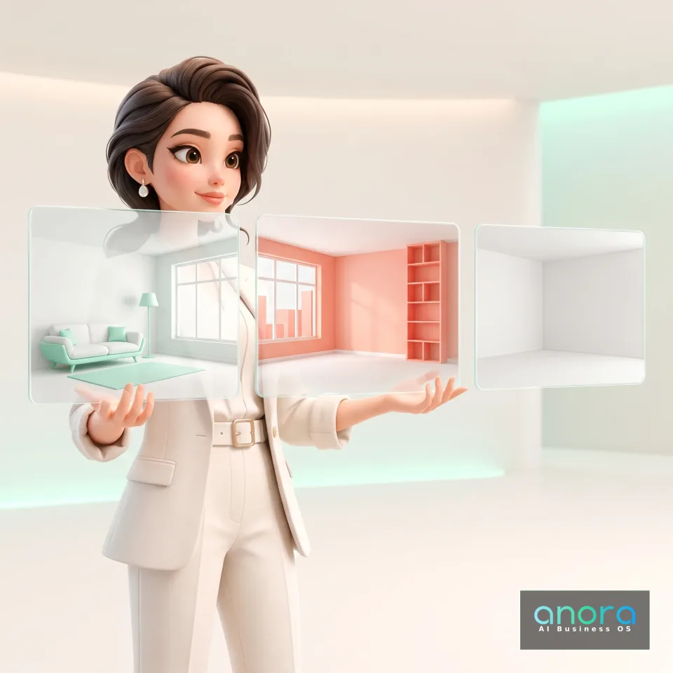Illustration: Eine illustrierte Frau im weißen Anzug hält drei transparente Tafeln mit Wohnräumen, darunter ein Sofa, ein rosa Zimmer mit Regal und ein leerer Raum.