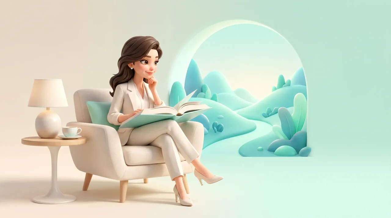 Illustration: Eine Frau im weißen Anzug sitzt mit einem offenen Buch im Sessel neben einem Tisch mit Lampe und Tasse; hinter ihr liegt eine stilisierte türkise Hügellandschaft.